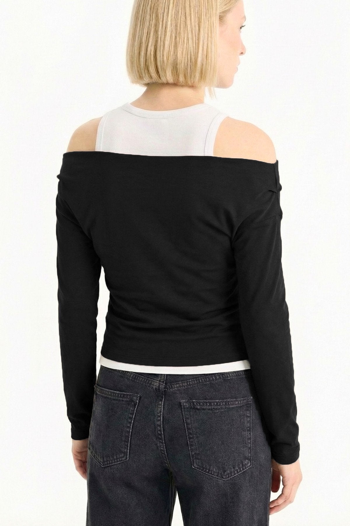 Slim Fit Dar Kesim Tek Omuzlu Çift Katmanlı Ribana Pamuk Uzun Kollu Tişört