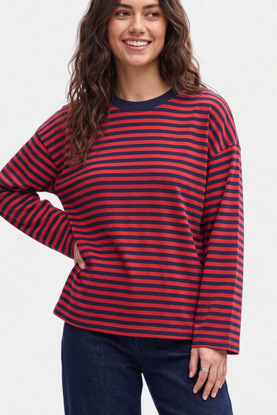 Kadın Çizgili %100 Pamuk Bisiklet Yaka Oversize Sweatshirt