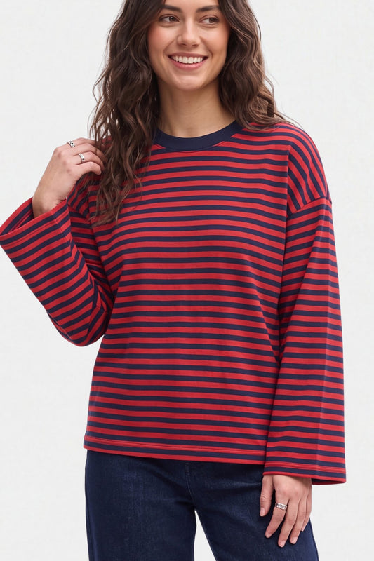 Kadın Çizgili %100 Pamuk Bisiklet Yaka Oversize Sweatshirt